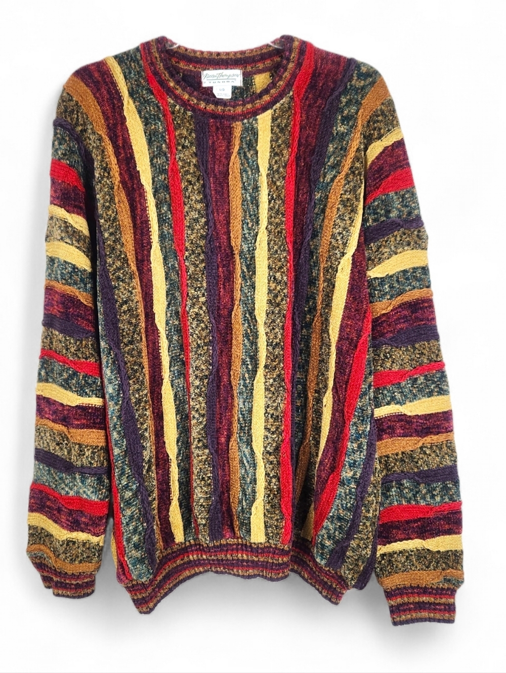 90s Vintage Tundra LARGE 3D Knit Coogi-Style Pullover Sweater Jumper Multi-color